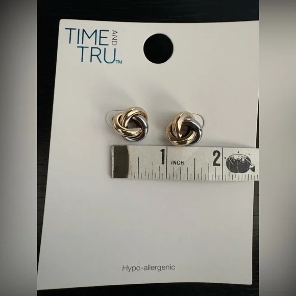 TIME & TRU | Hypoallergenic, Elegant Two-Toned Gold and Silver Knot Earrings - Picture 7 of 12